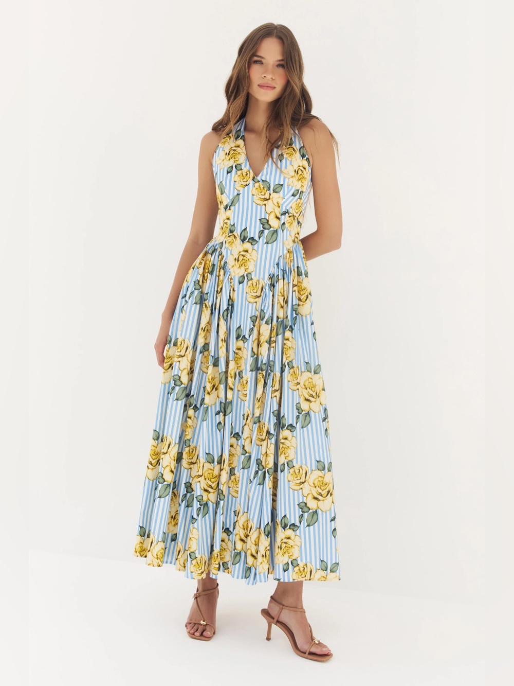 Hutch Alara Blue Stripe Halter Maxi Dress with Yellow Rose Print